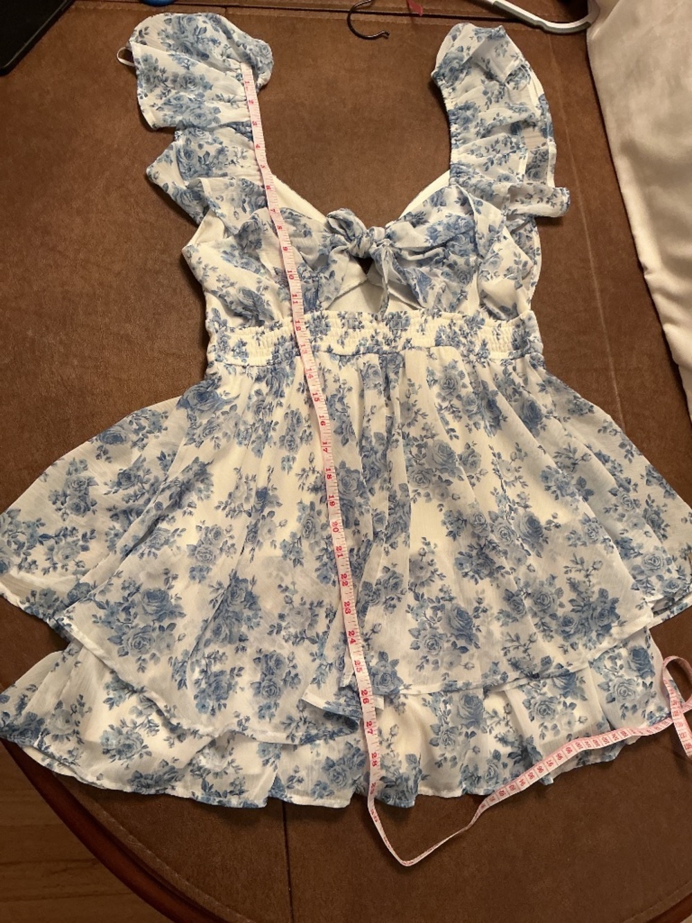 NWT White & Blue Floral Ruffled sleeve Romper Tie Back Tiered babydoll Sz M - Picture 10 of 10